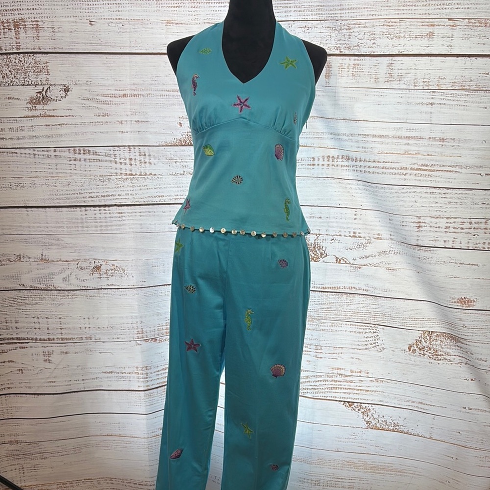 Women's Teal‎ Embroidered Halter Jumpsuit size M